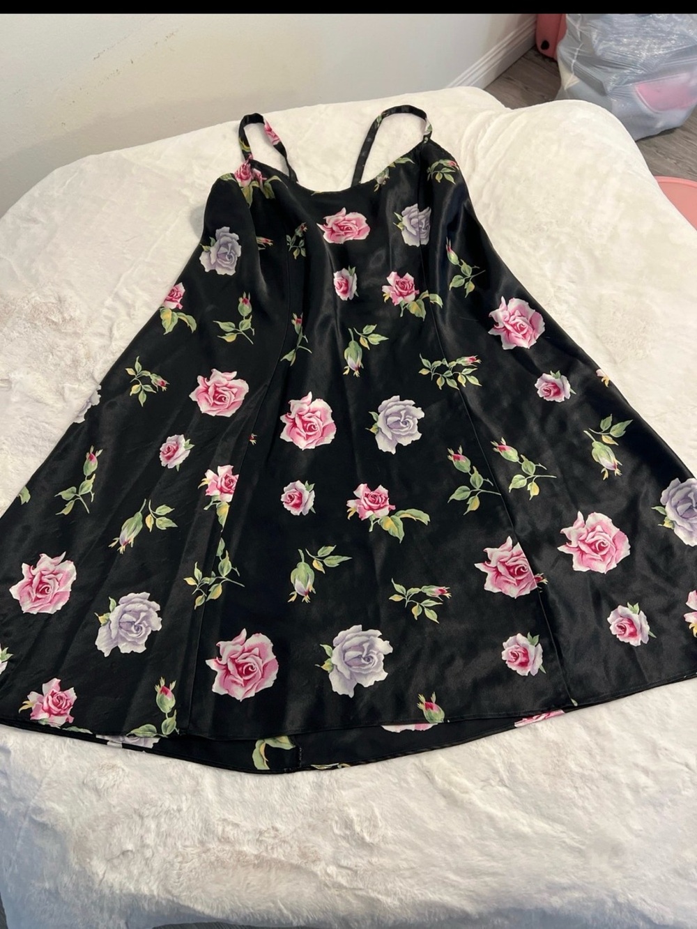 Floral Satin Slip Chemise in Black with Pink & Lavender Roses